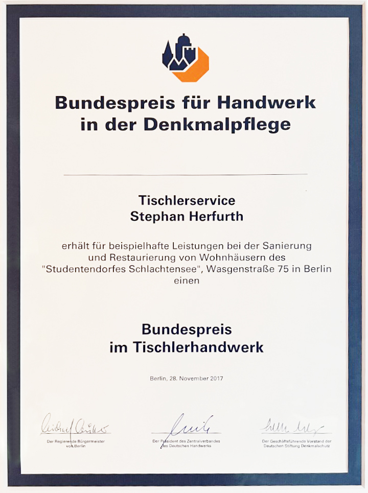 Urkunde Bundespreisträger im Tischlerhandwerk